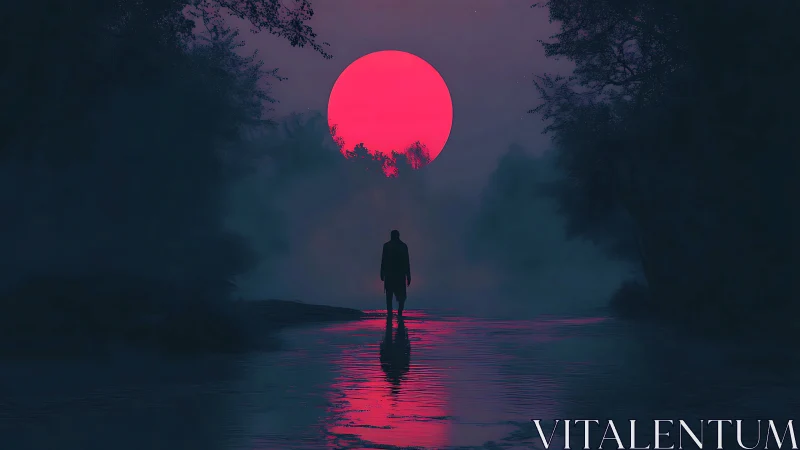 Silhouette stands in shallow water before oversized red sun