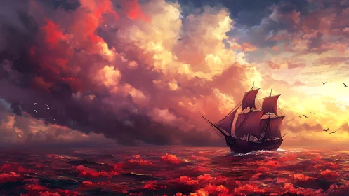 Crimson-sailed galleon beneath blazing sunset stormscape.