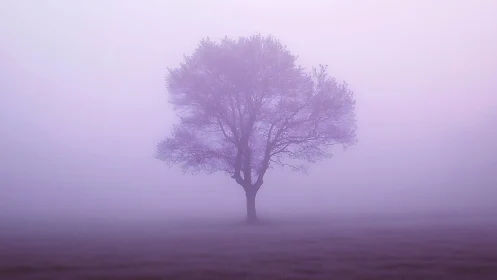 Solitary tree stands in dreamy violet morning fog.