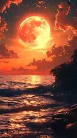 Overscaled molten moon illuminates cinematic twilight seascape
