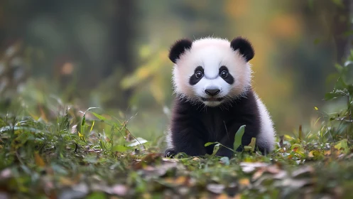 Juvenile giant panda in shallow-depth forest habitat study.