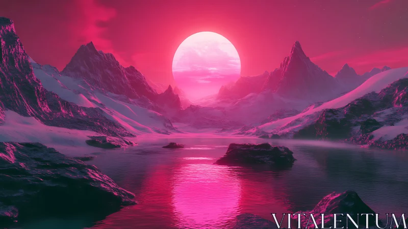 Radiant pink supermoon rises over surreal icy peaks.