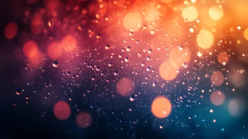 Iridescent water droplets in warm bokeh gradient light.