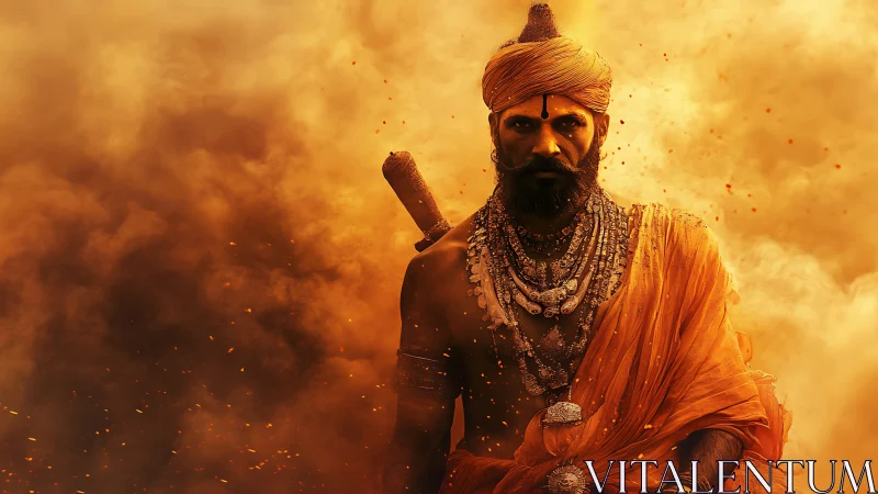 Warrior ascetic emerges from dense orange smoke with ornate armor