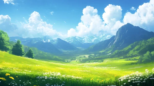 Vast alpine valley rendered with saturated color gradients and depth