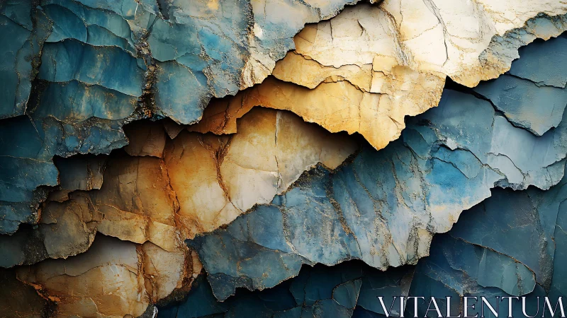 Layered Abstract Rock Texture in Blue and Gold Tones, Digital Art.