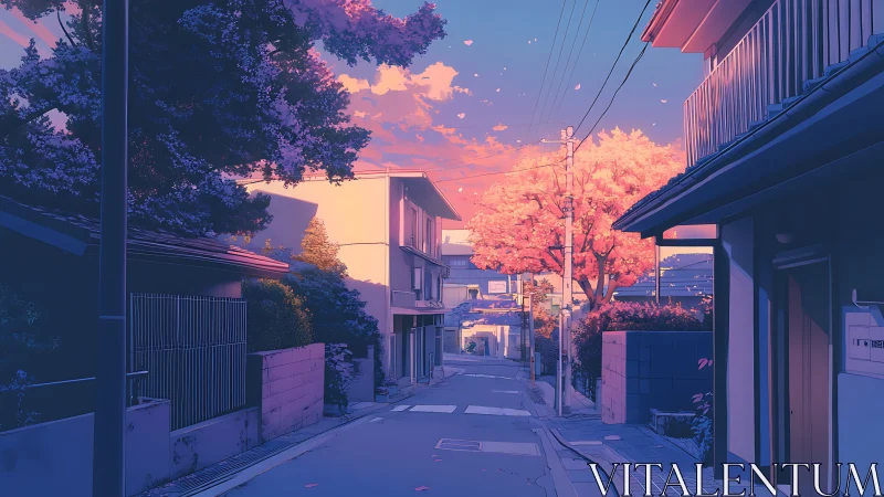 Residential street with cherry trees under pink evening sky.