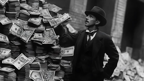 Dapper magnate adrift in a monochrome sea of banknotes.