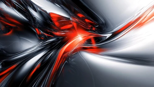 Dynamic Abstract Digital Artwork in Metallic Red and Silver Tones.