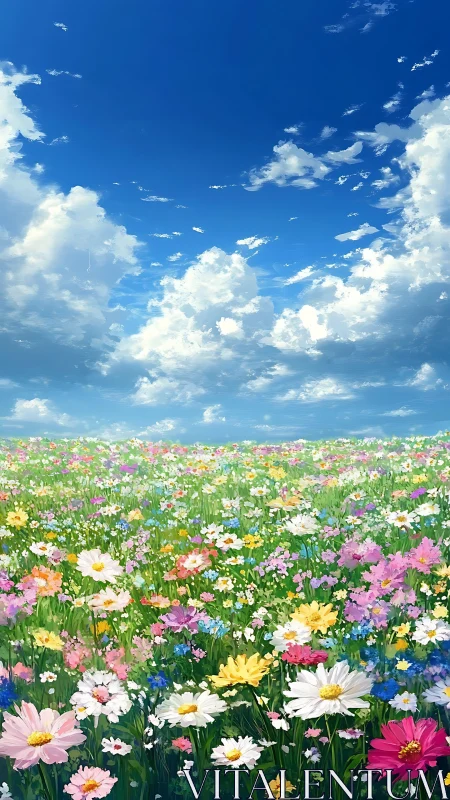 Expansive Wildflower Meadow Under Volumetric Cloud Formation