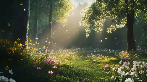 Backlit woodland meadow renders volumetric spring atmosphere