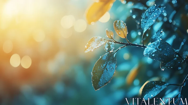 Dew-covered leaves catch warm sunrise bokeh light glow.