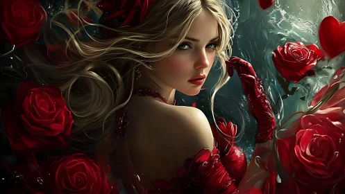 Woman with Cascading Blonde Hair Surrounded by Red Roses.