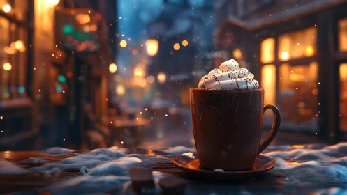 Snowy street café scene with steaming hot chocolate mug.