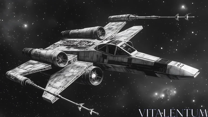 Starfighter model rendered in monochrome deep space environment