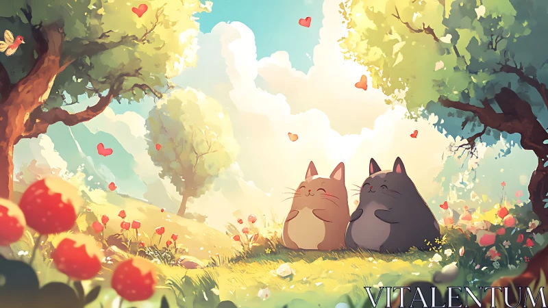 Content kittens rest under glowing trees in sunny meadow