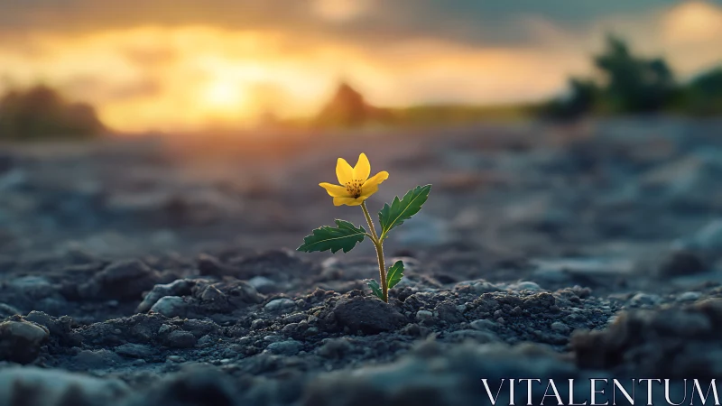 Tiny yellow bloom rewrites the barren ground at sunrise