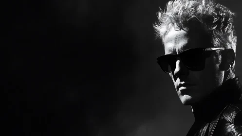 Shadowlit rebel in dark shades and storm-tossed hair.