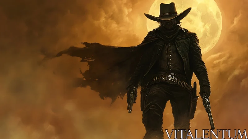 Lone gunslinger strides through dusty moonlit frontier sky