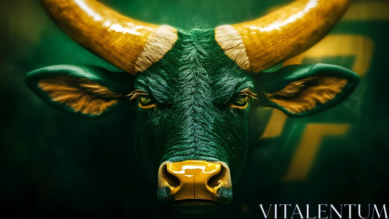 Green and gold bull head rendering on dark background.