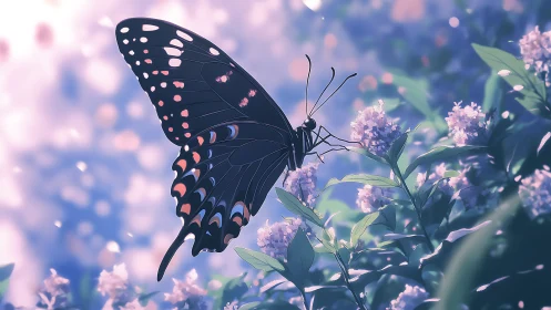 Butterfly on lilac blossoms in soft evening garden light.