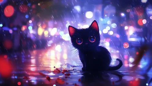 Luminous Shadow: Mystic Feline in Neon Rain.
