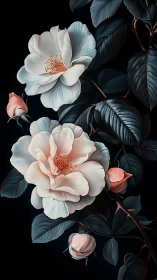 Delicate White Roses Against Dark Botanical Foliage.