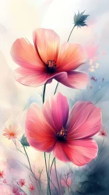 Pink Cosmos Blooms Dancing in Soft Watercolor Dreams.