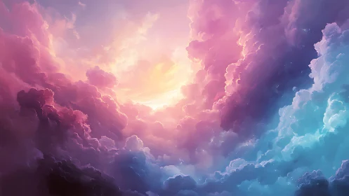 Iridescent nebula-like clouds frame a radiant spectral sky