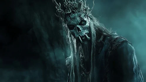 Crowned bone wraith drifting through a storm of quiet dread.