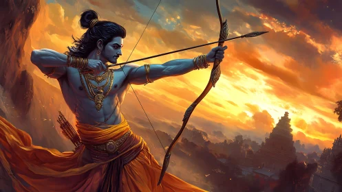 Mythic archer figure aiming bow over sunset landscape.