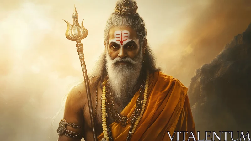 Digital sage portrait with trident under cinematic light.