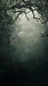 Dark forest canopy framing a misty empty clearing.