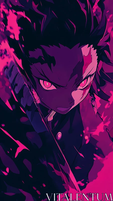 Anime swordsman charges through magenta flame arcs