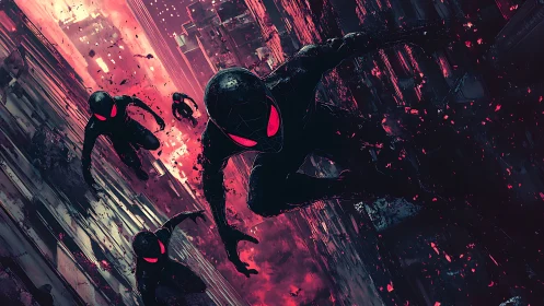 Multiverse arachnid silhouettes traversing neon-ruptured cityscape.