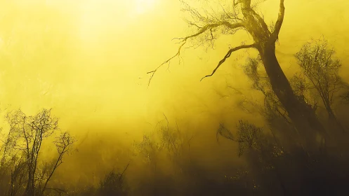 Leaning tree silhouette in dense golden forest haze.