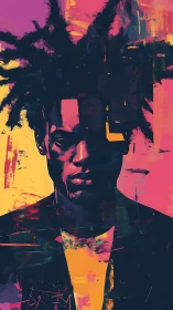 Electric portrait under neon brushstrokes and shadows.