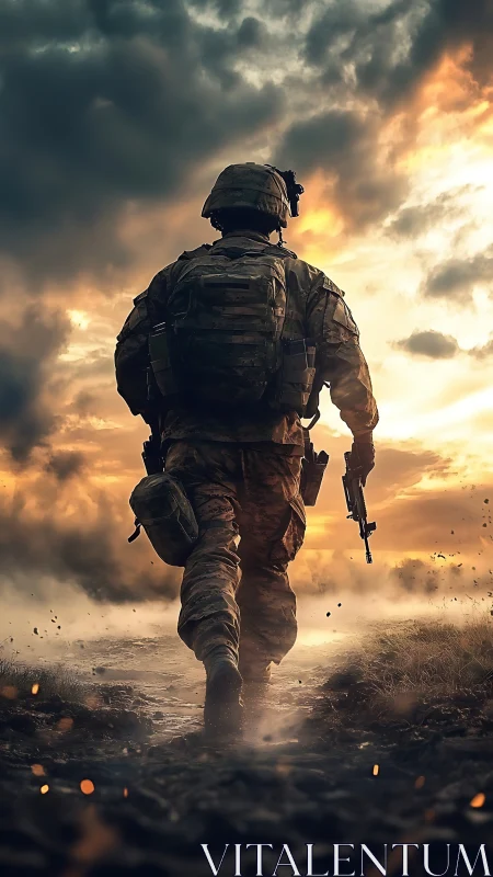 Lone soldier advances through burning battlefield at dusk