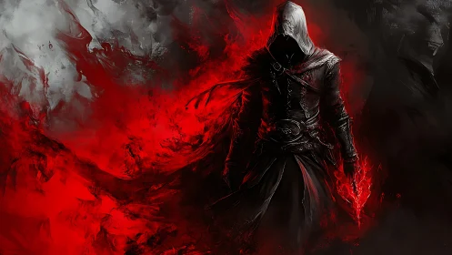 Hooded shadowmancer striding through a storm of red fire.