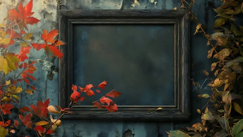 Empty weathered frame on blue wall with surrounding foliage.