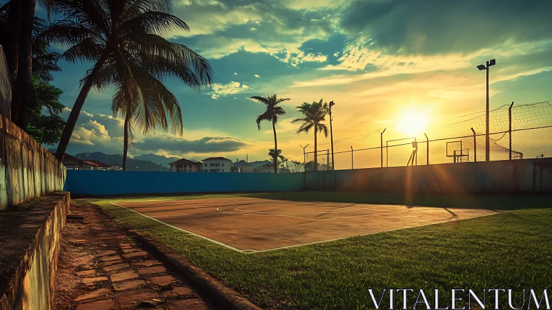 Sunlit tropical basketball court under glowing evening sky.