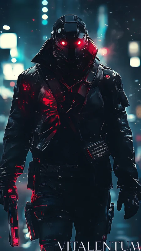 Neon city vigilante walks through rainlit cyber streets.