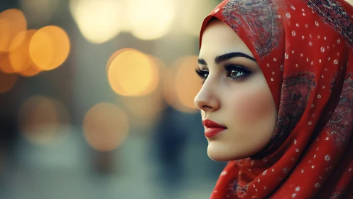 Portrait of Woman in Red Hijab with Bokeh Lights, Artistic Style.