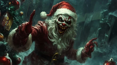 Demonic clown Santa invades haunted winter street scene.