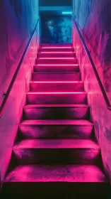 Neon lit concrete staircase in moody interior corridor.