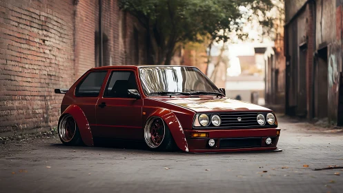 Stanced red hatchback parked in narrow urban alleyway.