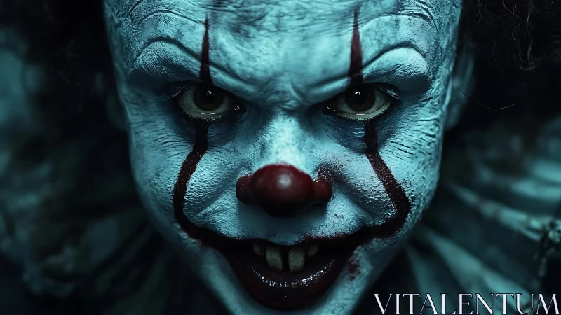 Macro close-up of sinister clown face with high-contrast makeup and glare