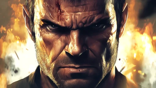 Scarred male warrior portrait against fiery explosion.