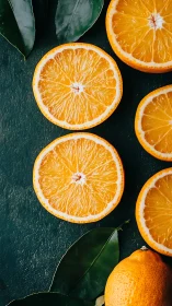 Vibrant orange slices aligned with leaves on dark slate surface.