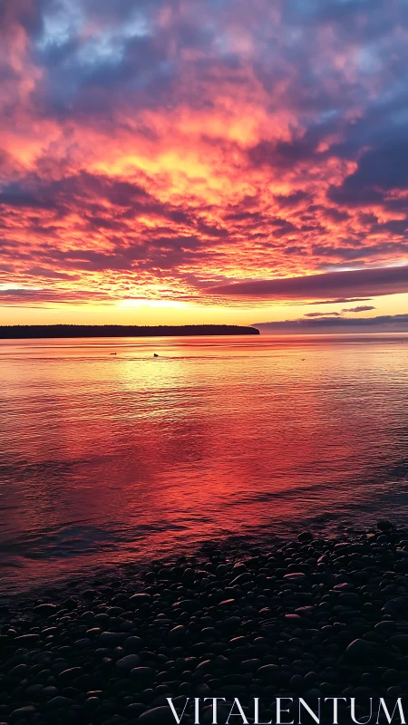 Ember clouds spill molten light across the quiet shoreline